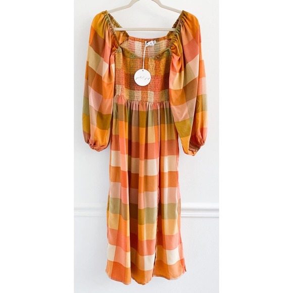 Petal & Pup Dresses & Skirts - Petal & Pup Nazzano Fall Plaid Smocked Long Sleeve Midi Dress